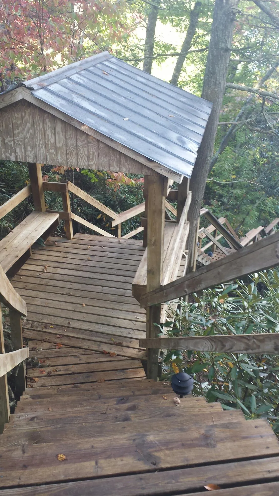 Metal roofed shelter over wooden steps on a wooded walkway — Skylight Repair & Installation work by our crew in Westfir